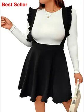 Suspender Skirt High Waist Flared Skater Skirt Polyester Rayon